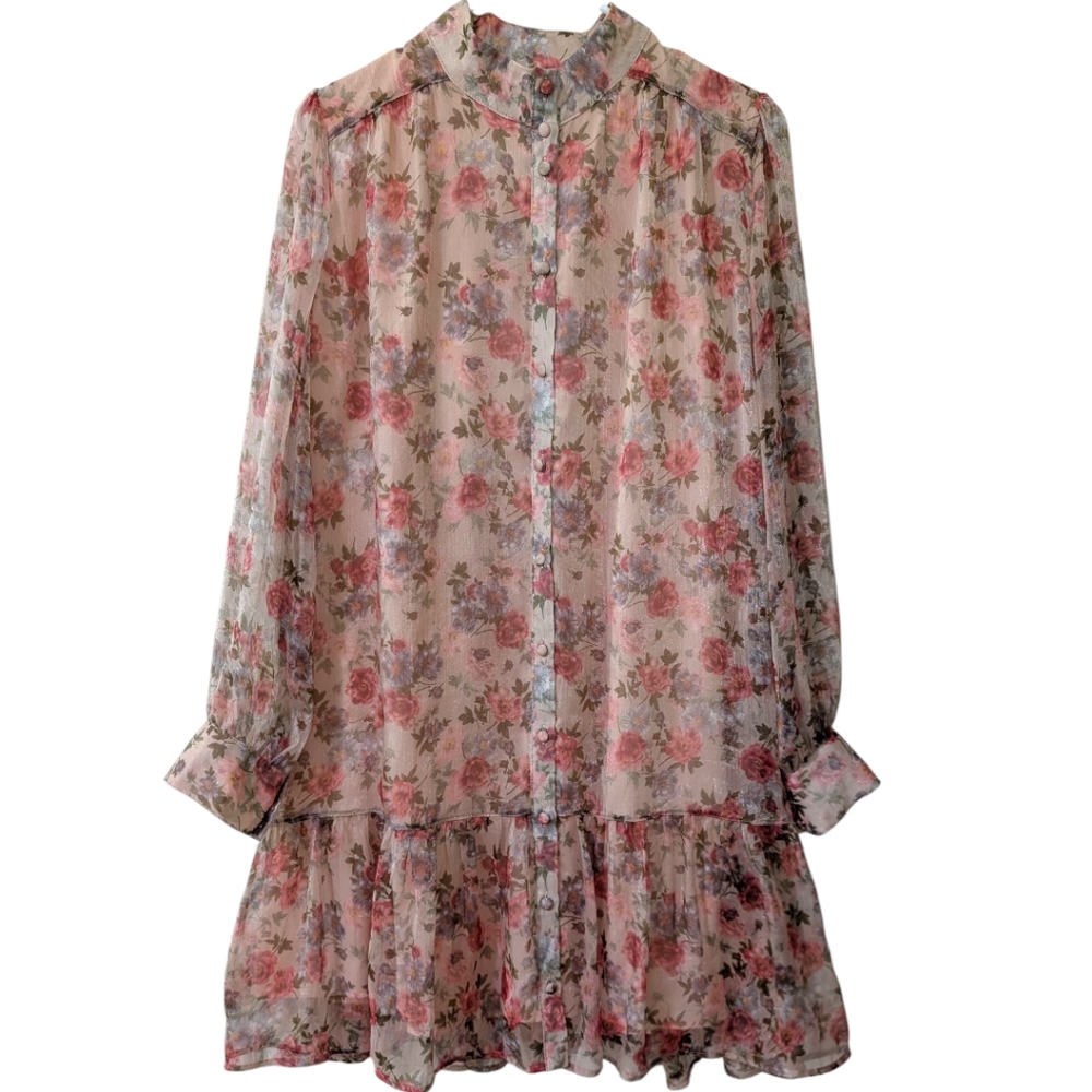 Ivy City Co. Eleanor Pink Sheer Floral Ruffle Knee Length Mini Dress Women's M - Picture 3 of 7